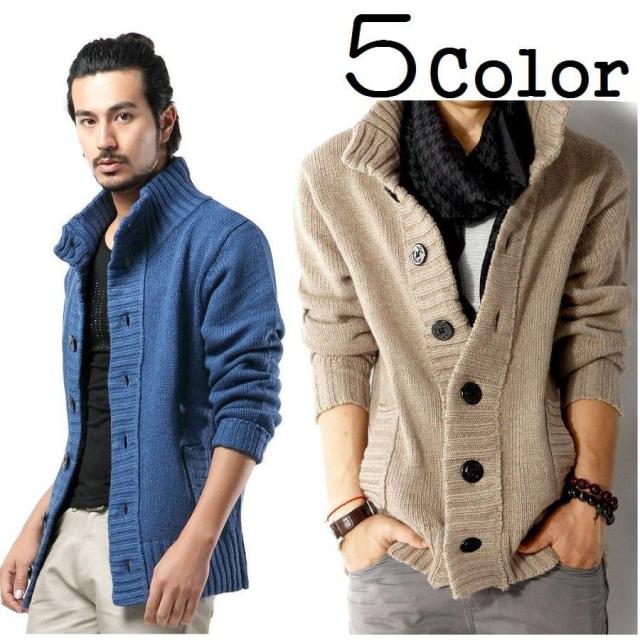 メンズ カーディガン ニットカーディガン 長袖 厚手 アウター 上着 襟付き ポケット付き 前開き ボタン リブ加工 秋 冬 カジュアル おしゃれ きの通販は