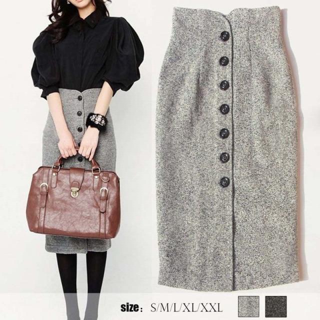 タイトスカート スカート ひざ丈 ハイウエスト ツイード ミモレ丈 ボタン レディース 婦人 女性 ボトムス レディーススカート きれいめ 可愛い か