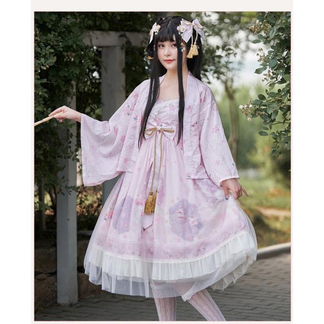 ロリータドレス コスプレ衣装 2点セット キャミソールワンピース 羽織 中華風 チャイナ風 レディース チュール リボン レース フリル 帯 桜 キツ ロリータドレス コスプレ衣装 2点セット キャミソールワンピース 羽織