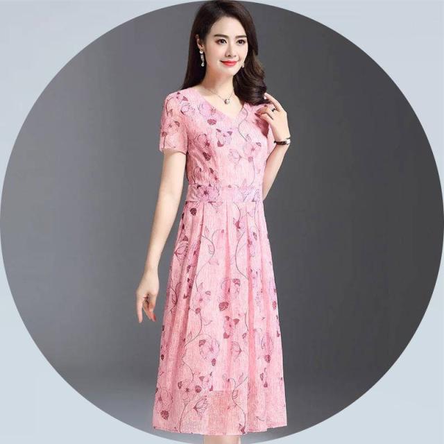 ワンピース レディース フレア 半袖 Vネック 膝丈 膝下 シフォン 花柄