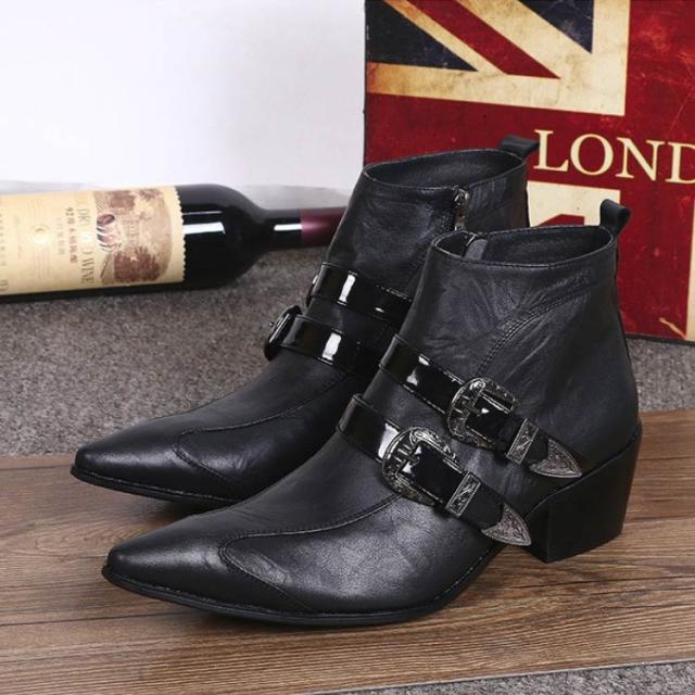 ブーツ とんがり ダブルベルト 本革 ローヒール サイドジッパー ドレス