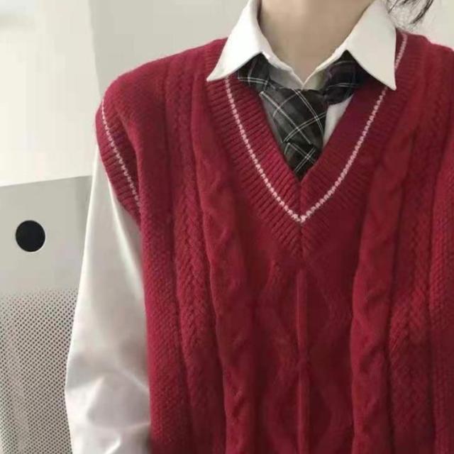 ニットベスト スクール ベスト 制服 Vネック ライン入り ケーブル編み