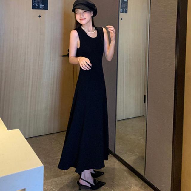 DABUWAWA ニットワンピース ノースリーブ フレア ロング丈 ワンピース ロング丈 リブ ニット レディース 春 秋 冬 ニット
