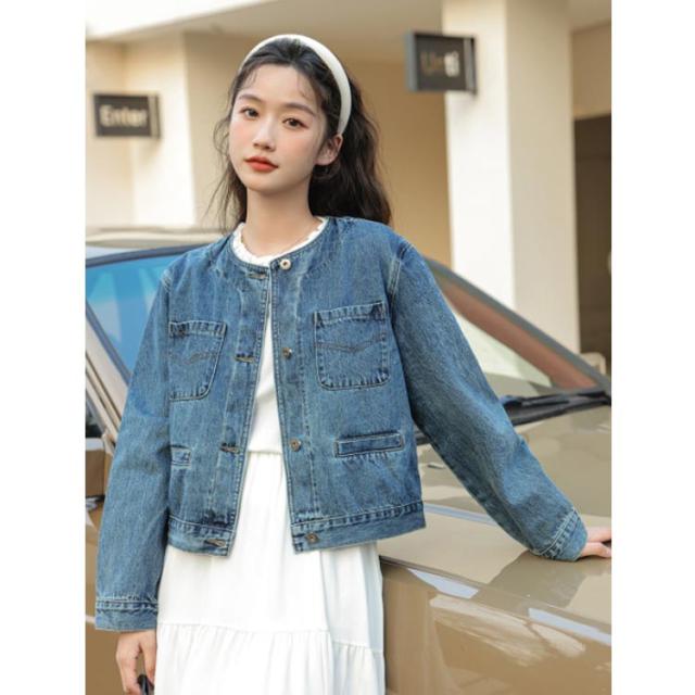アナイ●極美品●22SS 近年モデル シルク混ノーカラーデニムジップブルゾン M ノーカラージャケット デニム ジャケット レディース ノーカラー