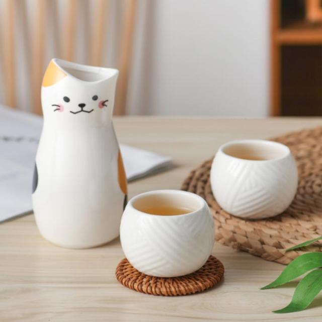 猫 ミニ徳利（とっくり）おちょこセット５点【ヴィンテージ】 昭和レトロ 陶器 おちょこ 徳利 セット 3点セット お猪口 ぐい呑み とっくり