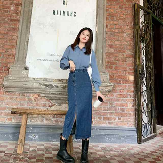 デニム タイトスカート ミモレ丈 レディース スリット入り
