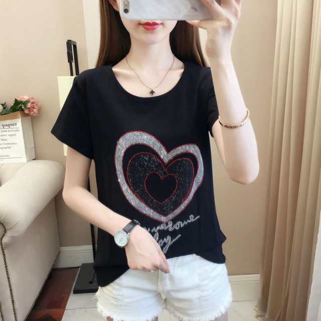 半袖 ロゴ Tシャツ トップス レディース カットソー ハート Tシャツ ...