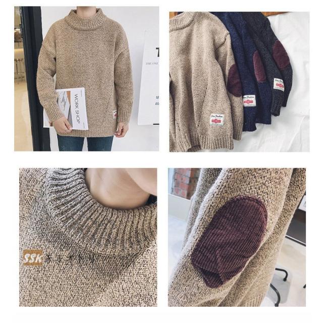 秋冬 エルボーパッチ メンズ モックネック ニットセーター セーター