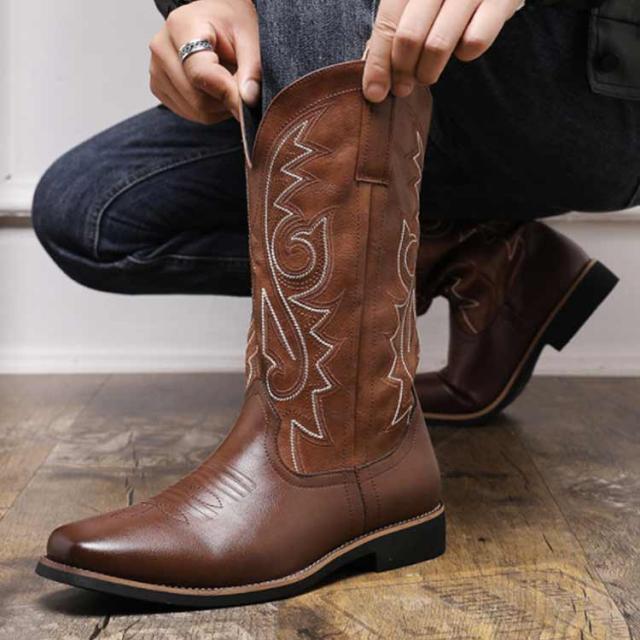 ウエスタンブーツ メンズ ロングブーツ ミドル ブーツ 刺繍