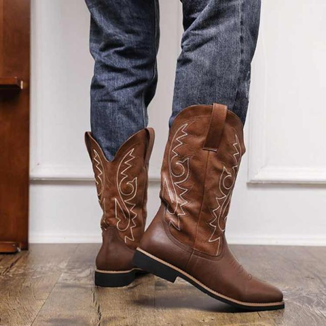 ウエスタンブーツ メンズ ロングブーツ ミドル ブーツ 刺繍