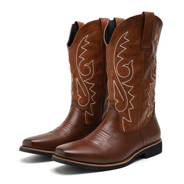 ウエスタンブーツ メンズ ロングブーツ ミドル ブーツ 刺繍