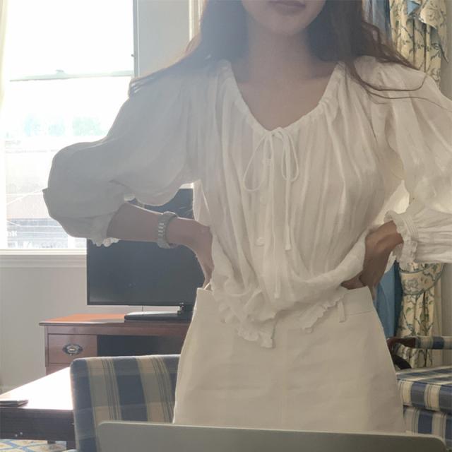 白シャツ レディース 夏 長袖 クルーネック フリル袖 ボウタイ コットン 綿 カジュアル おしゃれ かわいい 通気性の通販は 5,387円