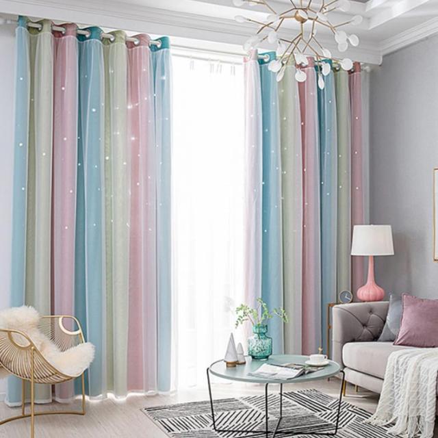 姫系カーテングラデーション 遮光カーテン星柄二重カーテンレース遮光率90％フリル Amazon | 姫系 カーテン 一体型 おしゃれ フリルカーテン 星柄