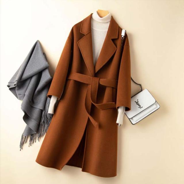 【Herlipto】ロングコート　ダブルフェイス　ウール　ベルト　ピンク系 M コート レディース 冬 アウター きれいめ 春秋(M〜L)モッサ風