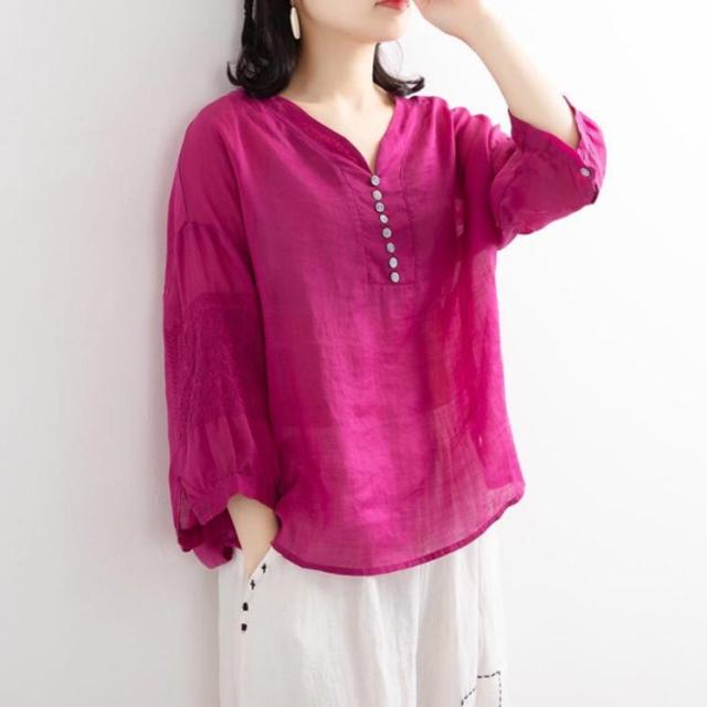 ブラウス レディース シャツ 刺繍 トップス 七分袖 Tシャツ プルーオーバー 綿麻 Vネック ゆったり 五分袖 体型カバー コットン リネン スリッ ブラウス レディース シャツ 刺繍 トップス 七分袖 Tシャツ