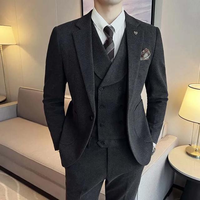 秋冬 スーツ メンズ ラシャタッチ 厚手 スリーピーススーツ ジャケットあり ベスト パンツ 3ピース 大きいサイズ 通勤 フォーマル ビジネススーツ スリム 3点セット カジュアルスーツ パーティー セットアップ 細身 おしゃれ 結婚式 成人式 M-6XL