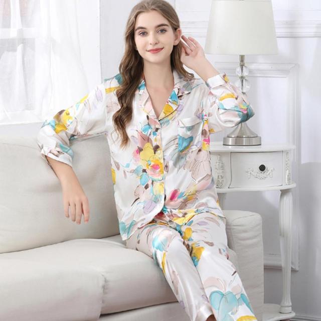 長袖 ロング 絹 消臭 ルームウェア レディース 上下セット パジャマ 2点セット シルク シャツ 高品質 パンツ ナイトウエア ウエストゴム 快適 美肌 光沢 吸湿 速乾 抗菌 シルクパジャマ 部屋着 寝間着 敏感肌 大人_1