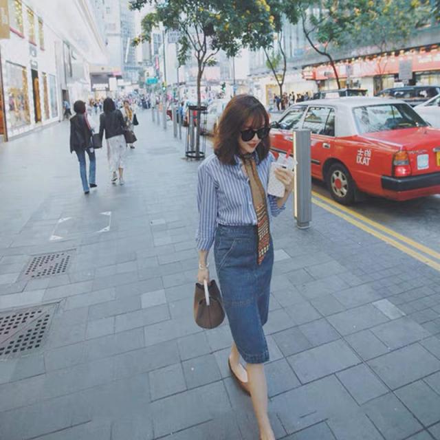 セットアップ 上下セット ストライプ柄シャツ 長袖 デニムスカート