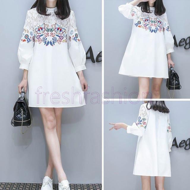 春夏 長袖 レース切り替え シンプル シャツ 花柄刺繍 パーティー シャツワンピース ブラウス 通勤 大きいサイズ レディース トップス エレガント デートの通販は 5,636円