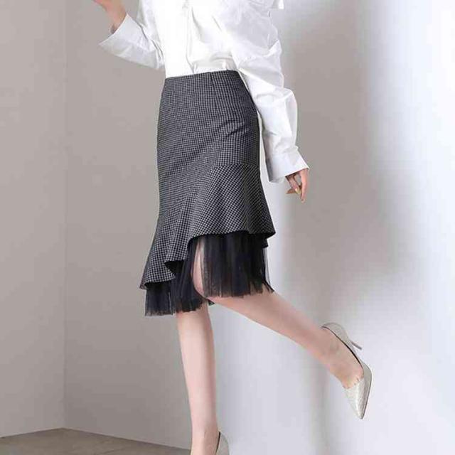 裾チュール 切り替え スカート マーメイドライン スカート タイトスカート ペンシルスカート ヒザ丈 レディース スカート タイト 美脚 セクシー 裾フレア スカート 裾フリル スカート 裾チュール 切り替え スカート マーメイドライン スカート タイト