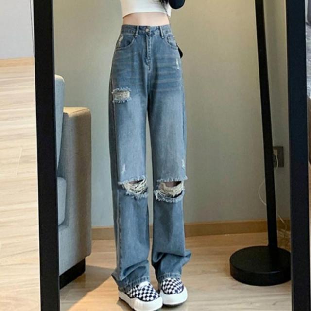 デニムパンツ ダメージ レディース ワイドパンツ ストレート
