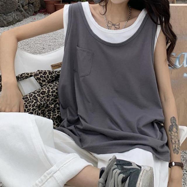 タンクトップ ノースリーブ tシャツ トップス カットソー 重ね着風 
