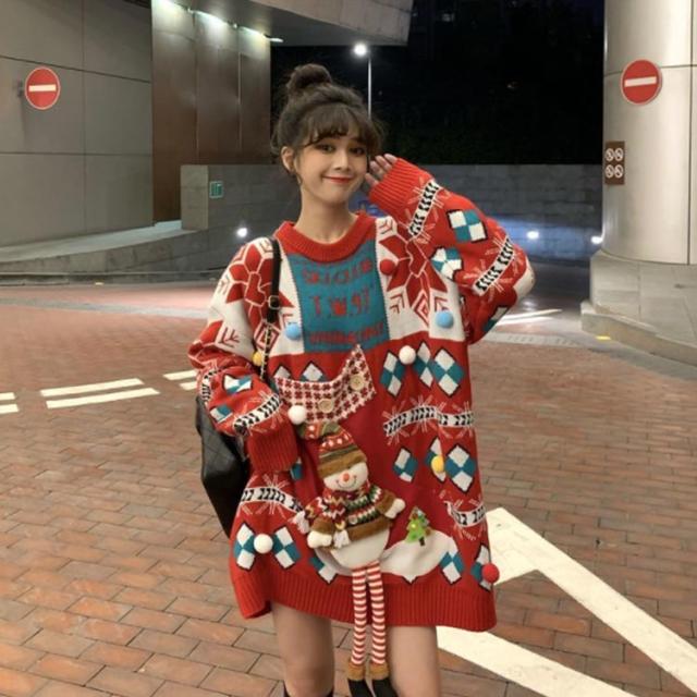 セーター レディース ニット クリスマスセーター 雪だるまのぬいぐるみ