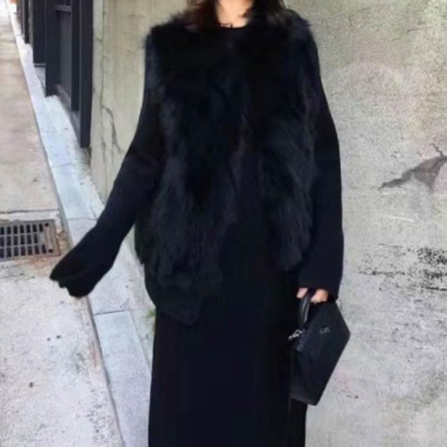 ダイアグラム　ファーベスト　羽織り　フォックスファー　羊革　ふわふわ毛　黒　36 フェイクフォックスファー ベスト 羽織り 送料無料 ロングベスト