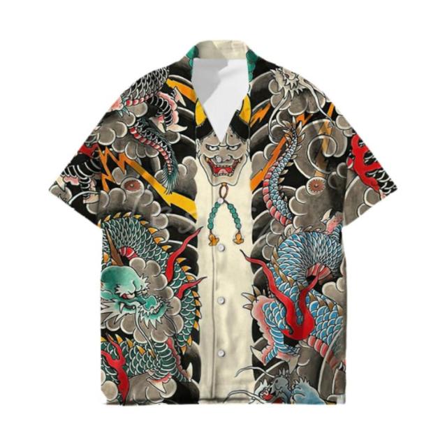 和柄 サーフ系 半袖 シャツ カジュアル 浮世絵風 総柄シャツ 和風 鬼柄