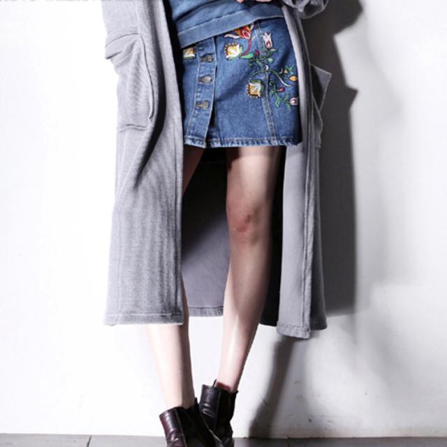 花柄 刺繍 台形スカート 刺繍入り デニムスカート 台形 フロントボタン
