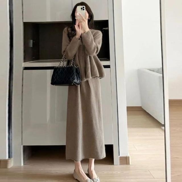 ニットセットアップ レディース ロングスカート ペプラム カーディガン