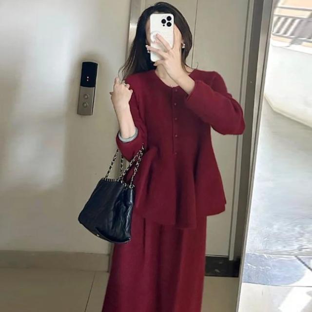 ニットセットアップ レディース ロングスカート ペプラム カーディガン