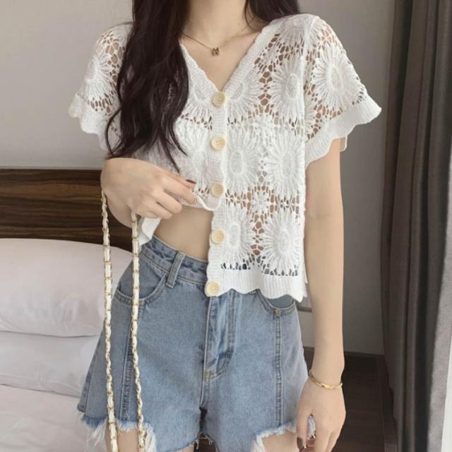 送料無料)花柄レース刺繍カットソー サマーニット カーディガン