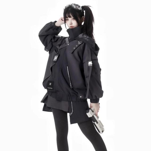 病み可愛い ゴシック風 普段着 機能服 長袖 ジャージ ストリート系 前開き サブカル系 パーカー 男女兼用 ビジュアル系 フード付き 暗黒系 運動服 ジャケット 大きいサイズ 地雷系 原宿系 アウター_1