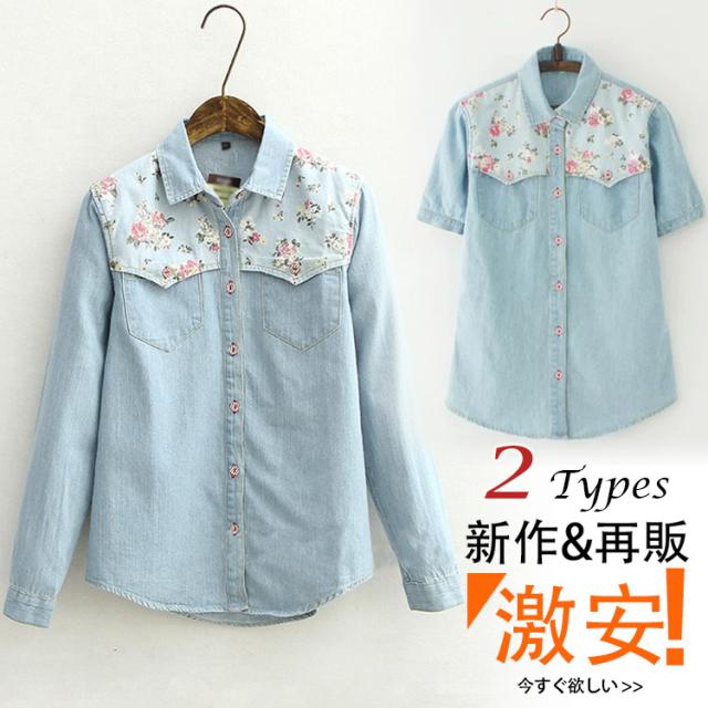 胸もとの小花柄の見返しがポイントアップ☆ダンガリーシャツ デニム