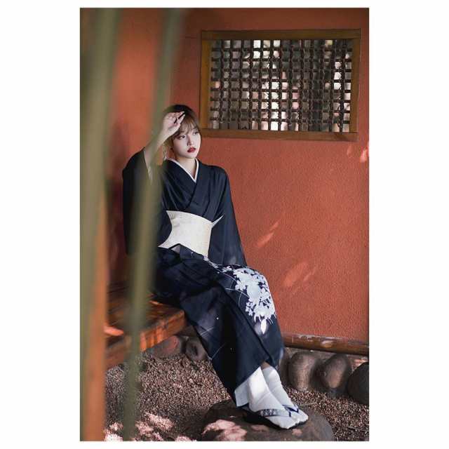 単品 ゆかた 浴衣 レディース 女性 ブラック 黒 洗える 街着