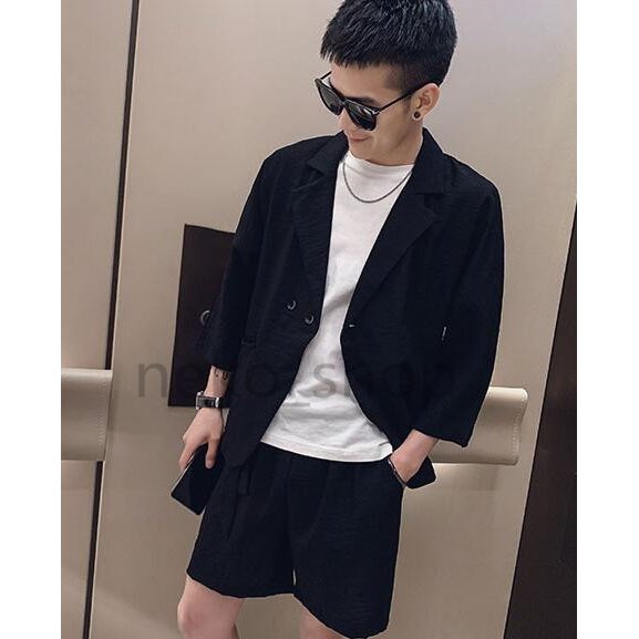 大きいサイズ 七分袖 スーツ風 ジャケット*ショートパンツ セットアップ 2点セット カジュアル 紳士服 20代30代40代 通勤 オフィス 上品 フォーマル 大きいサイズ 七分袖 スーツ風 ジャケット*ショートパンツ