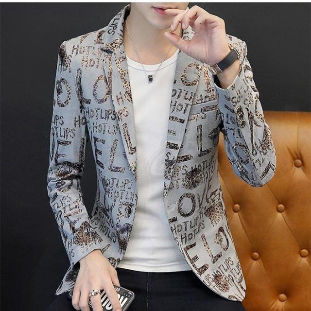 テーラードジャケット メンズ ブレザー プリント 長袖 アウター カジュアル 前開き かっこいい 普段履き 通勤 春秋 スリム おしゃれ テーラードジャケット メンズ ブレザー プリント 長袖 アウター