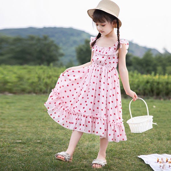 ワンピース 夏服 子供服 シフォンワンピース サンドレス ロング 女の子 ノースリーブ リゾート ドット柄 おしゃれ 子ども服 キッズ ピンの通販はau Pay マーケット Naimei Nami