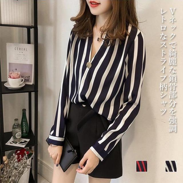 シャツ レディース 縞柄シャツ 長袖シャツ Vネック レディースシャツ ストライプ柄 女性 ブラウス 通勤 長袖ブラウス ゆったり レトロの通販はau Pay マーケット 蓮商店