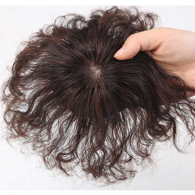 人毛100%パーマウエーブヘアピース人工スキン部分ウイッグブラウン