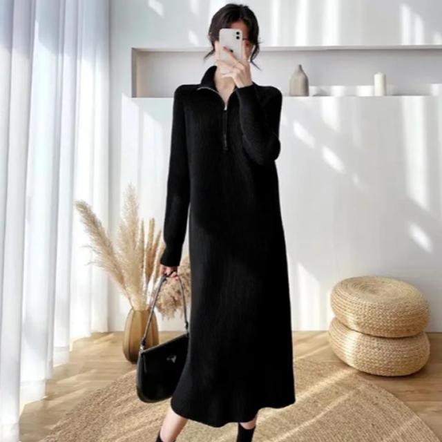 ニットワンピース ハイネック ハーフジップワンピース ニット ロング丈