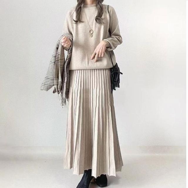 ニット スカート セットアップ プルオーバー Aライン フレア ロング カジュアル 通勤 オフィス 女性 大人 おしゃれ 秋 冬 春 ニット スカート セットアップ プリーツスカート プルオーバー Aライン