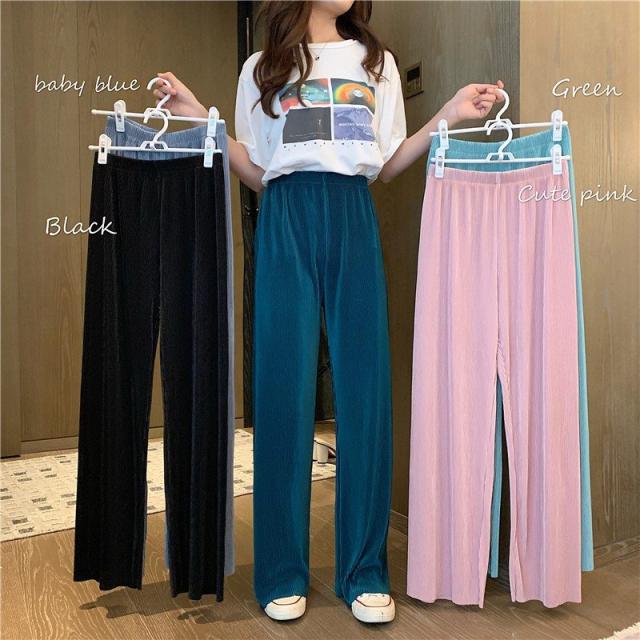 ワイドパンツ チノパンツ プリーツパンツ ロングパンツ レディースボトムス ズボン ゆったり 5色 ウエストゴム ルームウェアパンツ 部屋着 2020春夏 可愛い無地
