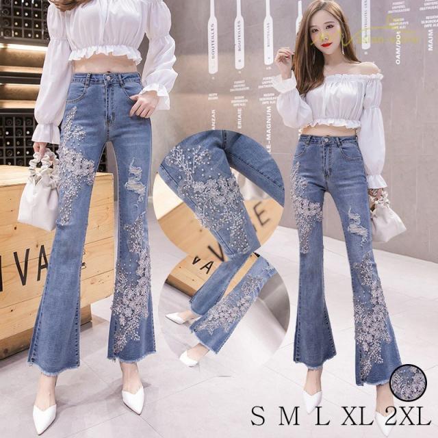 デニムパンツ ブーツカットパンツ ガウチョパンツ 立体花柄 ハイウエスト デイリーコーデ ボトムス 春秋コーデ 2020新制作 フリンジ ダメージ加工 6,494円