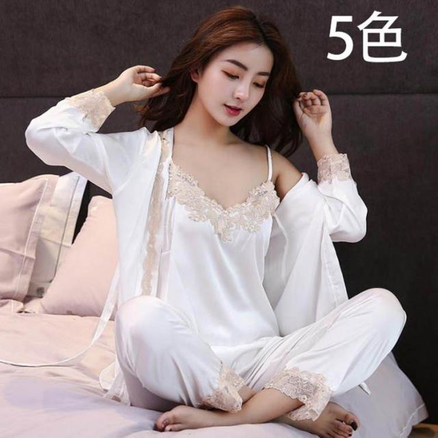 パジャマ ルームウェア レディース シルク 前開き 長袖 3点セット セットアップ 部屋着 長袖 春 寝巻き 春夏 秋 シルクタッチ シルク風パジャマ 上品 5色