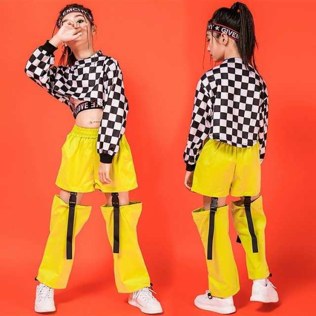 キッズ ダンス衣装  ヒップホップ チェック柄 パーカー トップス 長袖 タンクトップ ズボン パンツ 子供 女の子 社交 原宿系 ステージ衣装 練習着の通販は