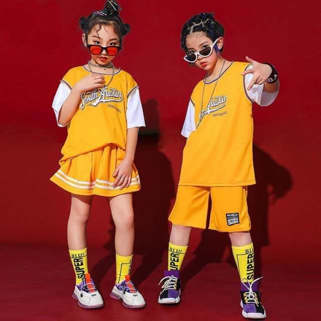 キッズダンス衣装 ヒップホップ  チア セットアップ チアガール 子供 男の子 女の子 Tシャツ スカート ジャズダンス 練習着 応援団 運動会 体操服の通販は