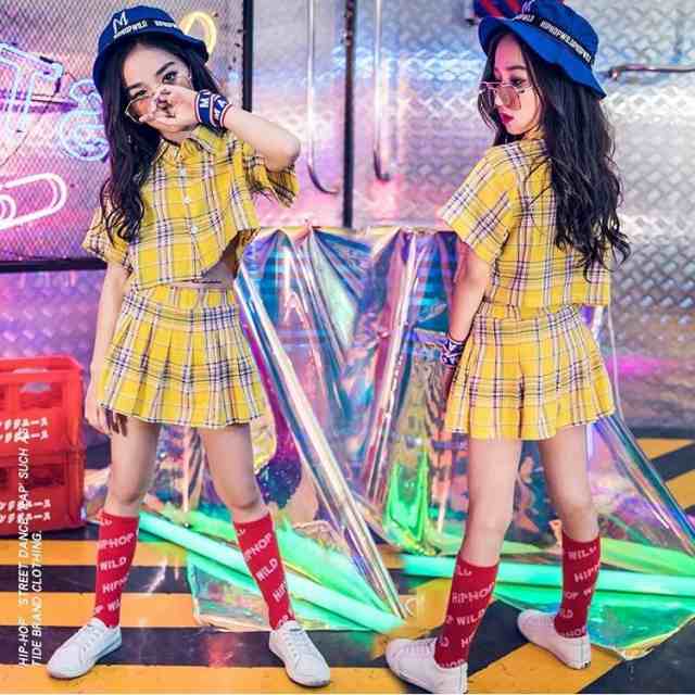 キッズダンス衣装 ヒップホップ セットアップ チアガール チェック  女の子 チェックシャツ スカート チアリーダー ジャズダンス ステージ衣装 応援団の通販は