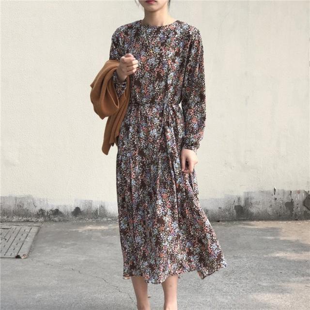 マキシワンピース レディース 花柄ワンピース 21春夏 Vネック ワンピース Aライン 小花 綺麗 上品 2色 M/L